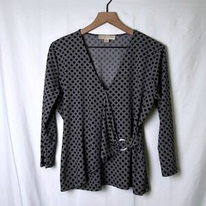 Michael Michael Kors Womens Geometric 3/4 Sleeve Wrap Top L Black White Office